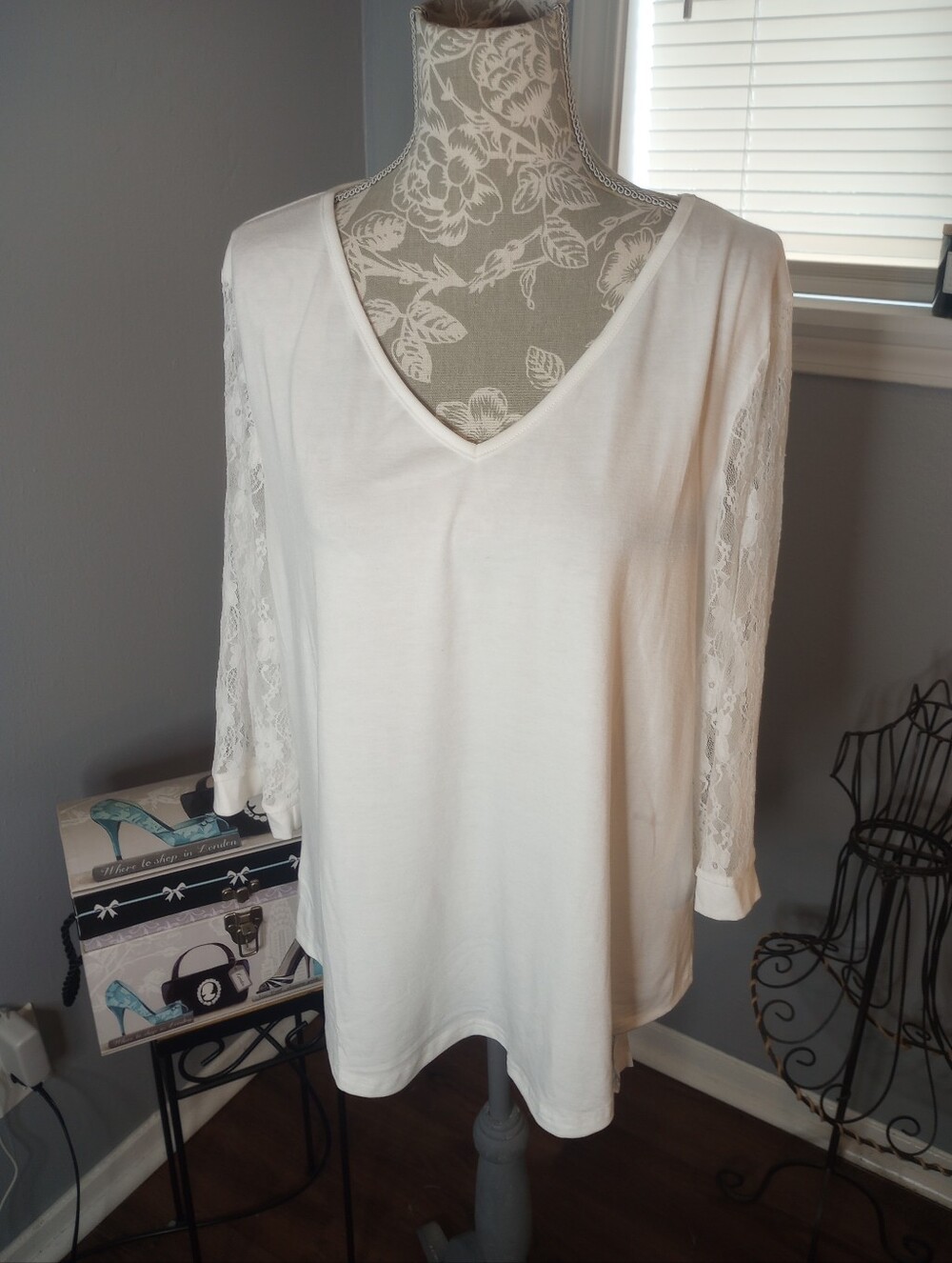 2 For $10 White‎ V-Neck Top with Lace Sleeves Khol's